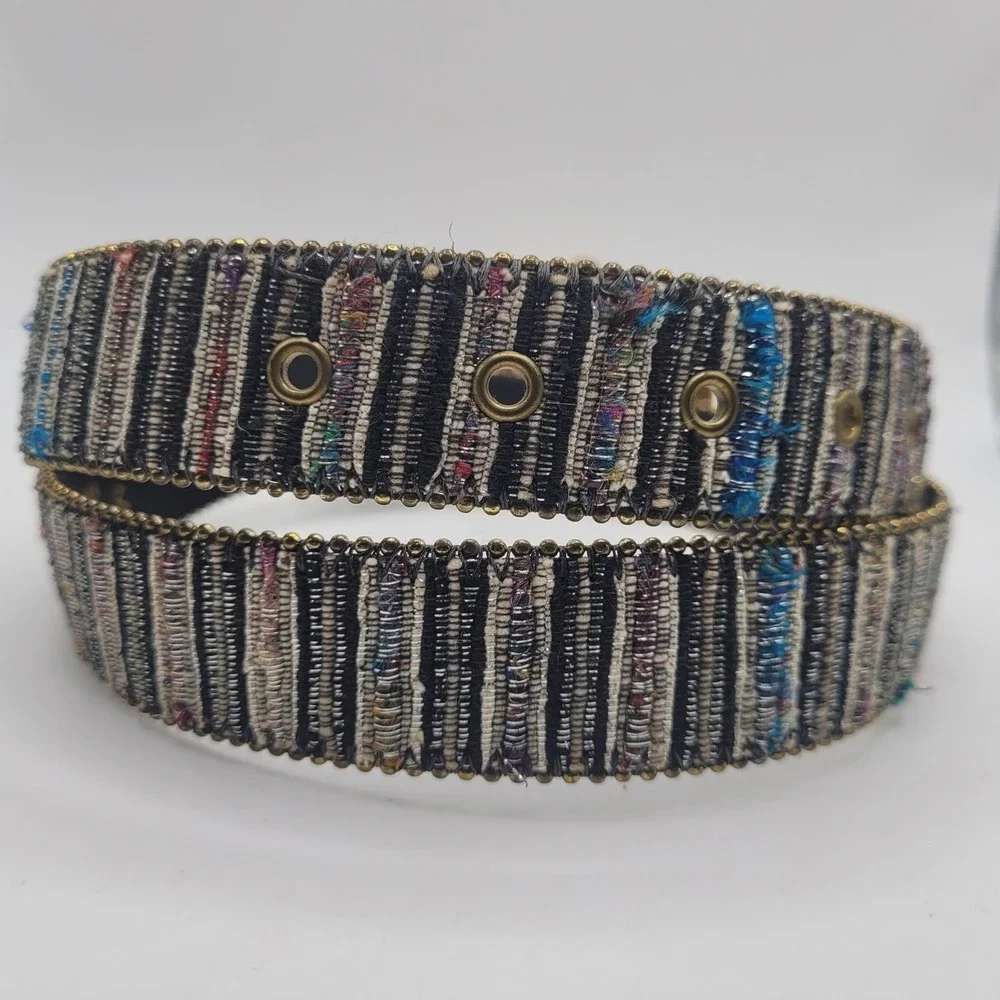 VTG Woven Fabric Belt Medium Gold Buckle Boho Artisanal Textured Multicolor 90s